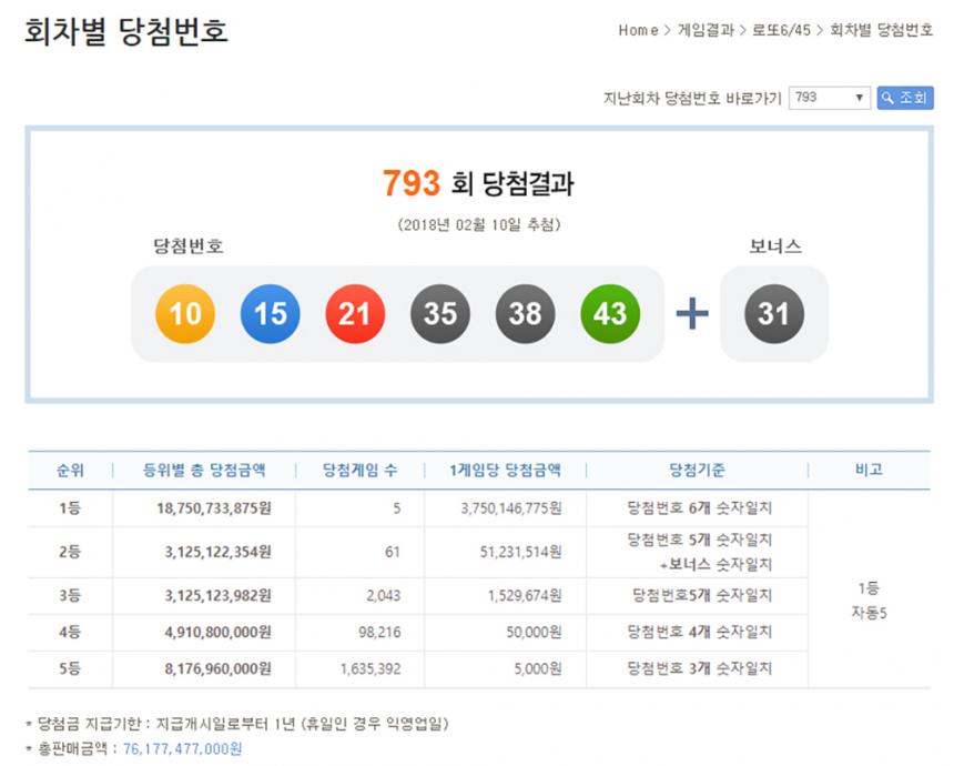 제793회 나눔로또 로또복권 당첨번호 / 나눔로또 홈페이지