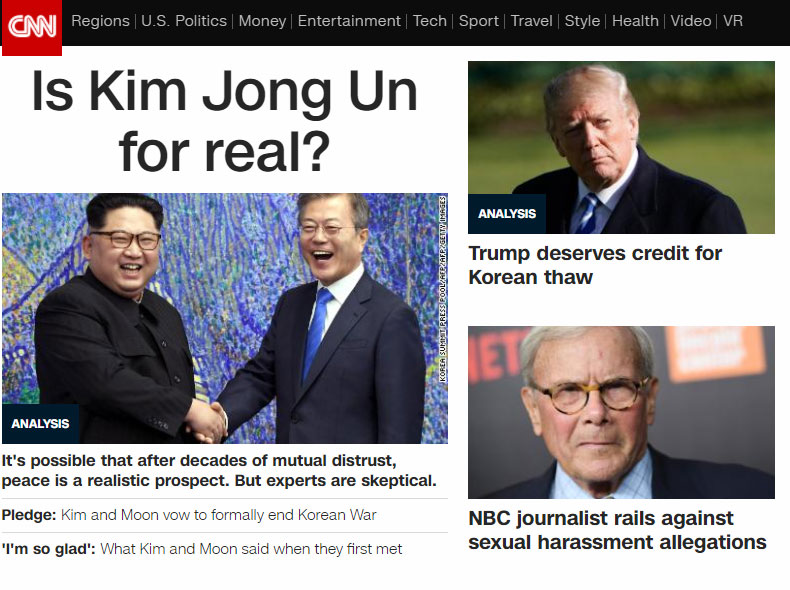 문재인-김정은 남북정상회담 소식을 헤드라인으로 보도한 CNN