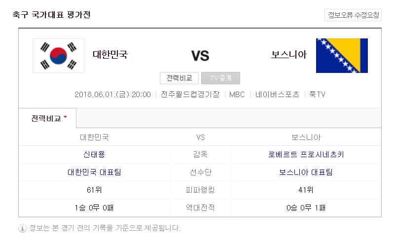 축구 국가대표 평가전 정ㅂ보