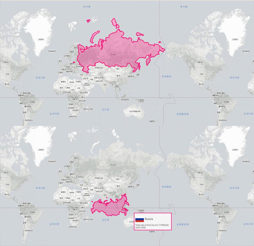 러시아의 실제 크기 비교