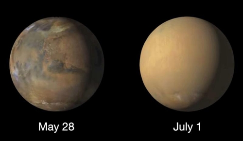 화성 전체 휘감은 모래폭풍 사진(오른쪽) 공개 [NASA]