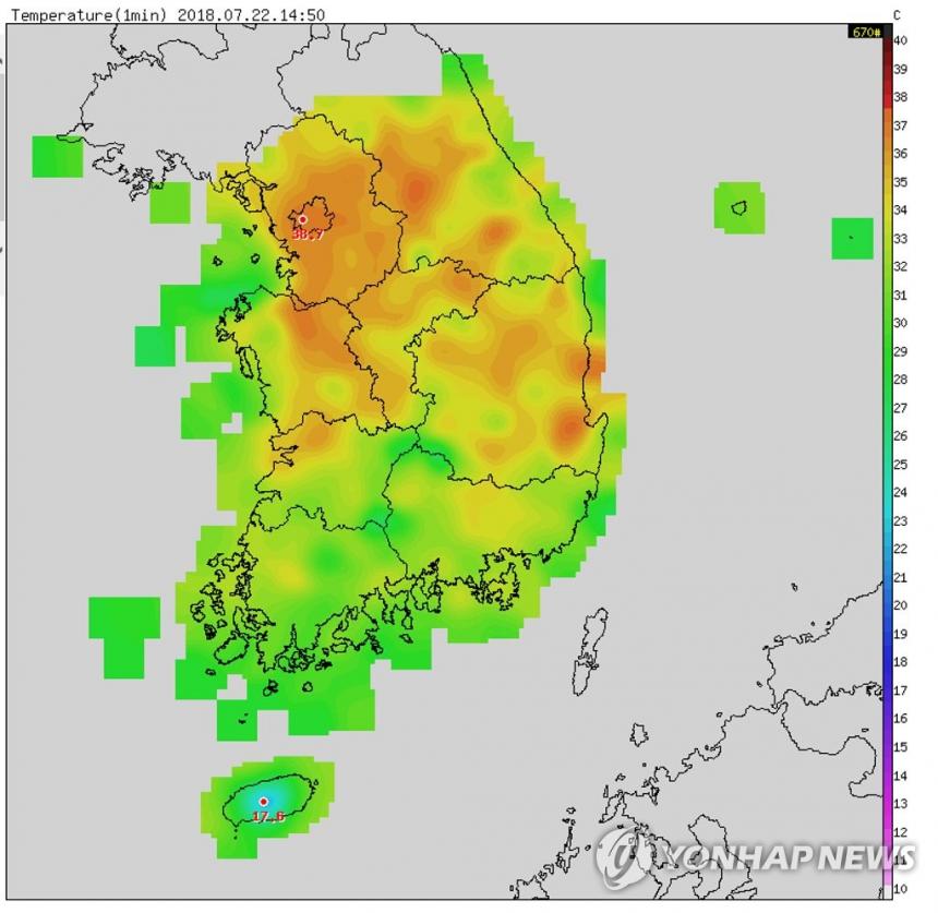 전국 폭염분포도 (서울=연합뉴스)