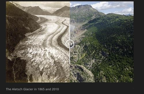 융프라우 알레치 빙하. 왼쪽은 1865년 모습. 오른쪽은 2010년 모습. / [출처:Swissinfo.ch=연합뉴스