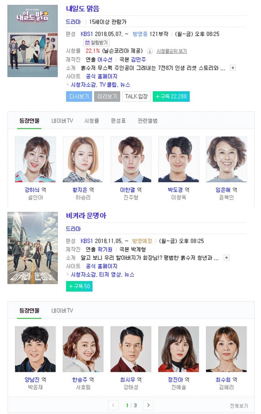 ‘내일도 맑음’-‘비켜라 운명아’ 방송정보 / 네이버