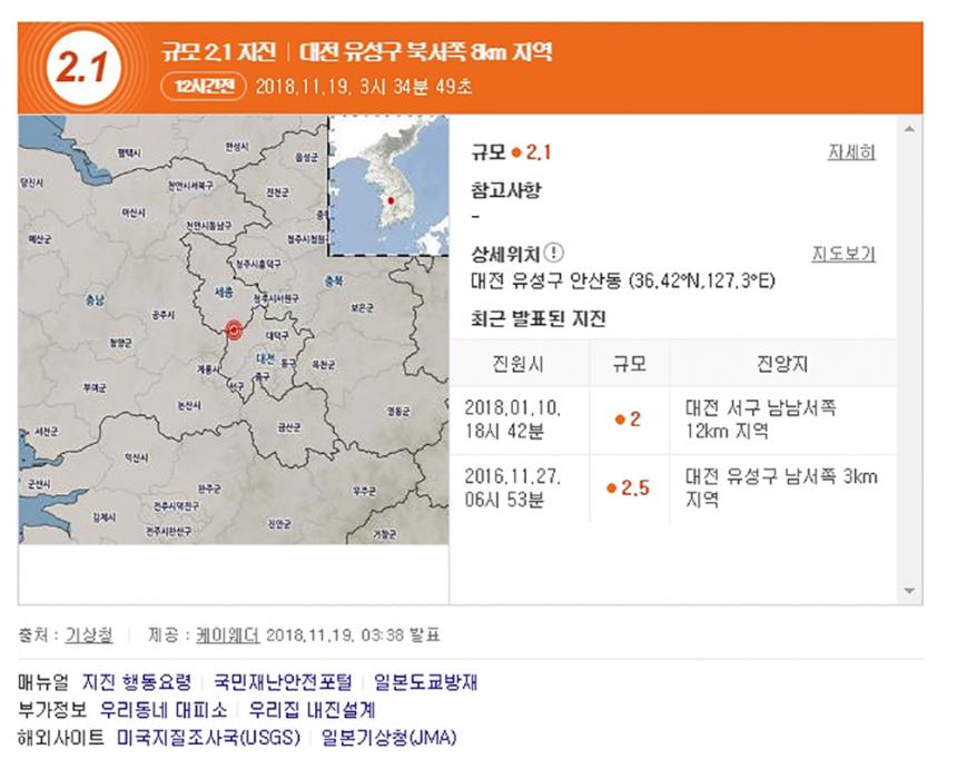 대전 지진 규모 2.1 지진 / 케이웨더