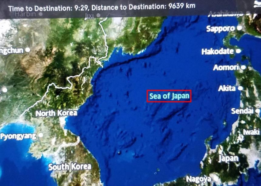 노르웨이 항공사 기내 지도 서비스에 한국과 일본 사이의 바다 명칭이 일본해로 표기된 모습 / 서경덕 교수 제공