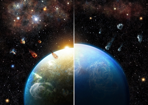 초신성에서 나온 방사성 원소 '알루미늄-26'의 존재가 가른 행성의 차이알루미늄-26가 있는 곳에서 형성된 행성(왼쪽)은 물이 상당부분 증발한 반면 그렇지 못한 곳에서 형성된 행성은 물의 세계를 이루는 것으로 나타났다. [로저 티바우트 제공]