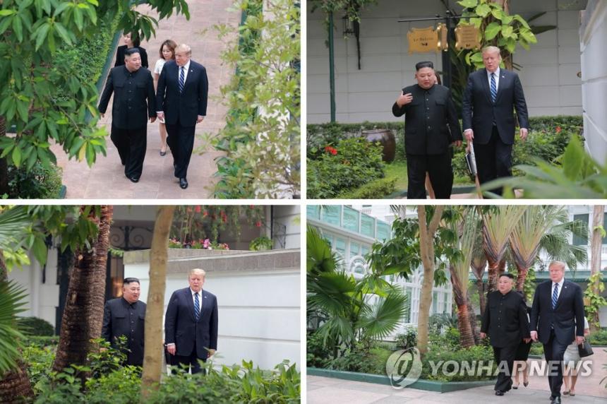 베트남 하노이 메트로폴 호텔에서 산책하는 김정은·트럼프 / 연합뉴스
