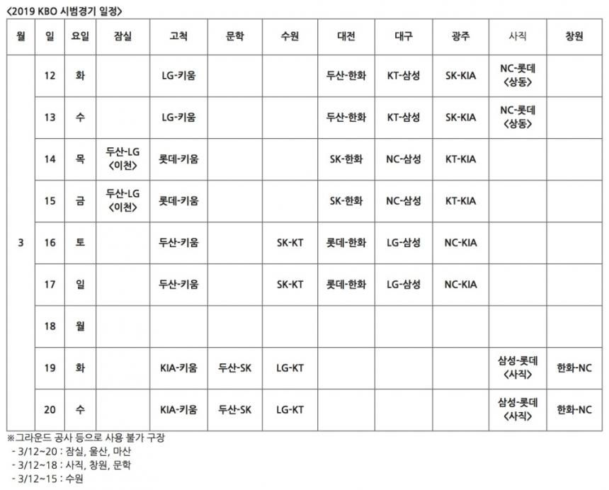 2019 프로야구 시범경기 일정 / KBO