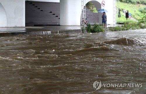 오늘(26일) 오전 서울 강남구 양재천 불어난 수위 / 연합뉴스