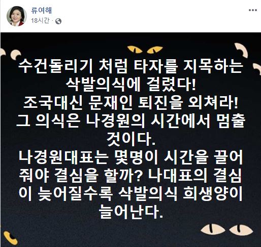 류여해 전 최고위원 페이스북 메시지