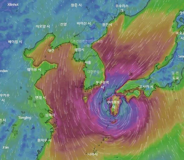 14일 오전 9시 기준 유럽중기날씨예보센터(ECMWF)의 제19호 태풍 하기비스 예상 경로 / 윈디닷컴