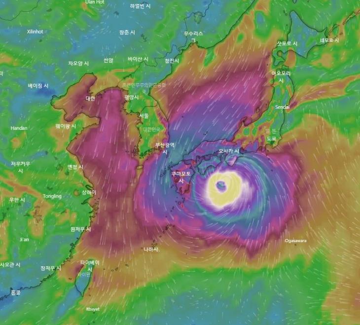 12일 토요일 24시 기준 제19호 태풍 하기비스 위치 / 유럽중기날씨예보센터(ECMWF), 윈디닷컴