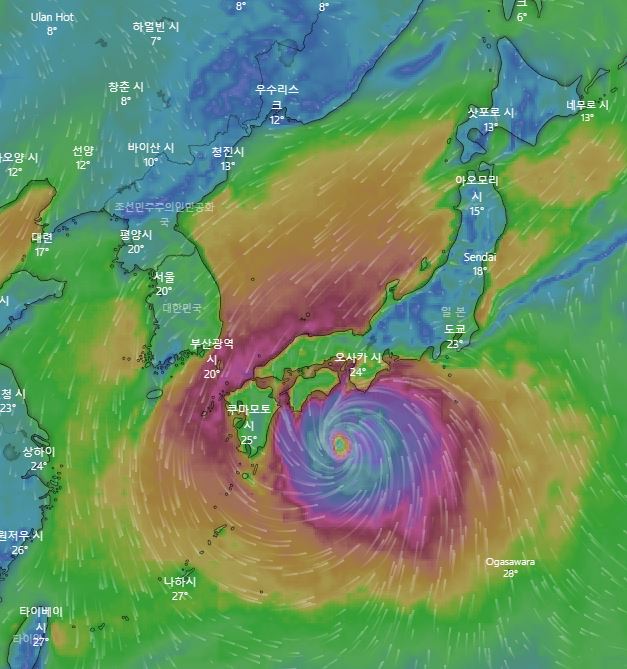 12일 토요일 제19호 태풍 하기비스 예상 위치 / 유럽중기날씨예보센터(ECMWF), 윈디닷컴