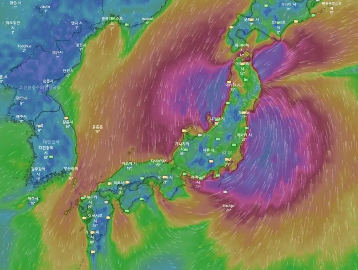 제19호 태풍 하기비스가 후쿠시마 원자력 발전소를 지난다 / 윈디닷컴