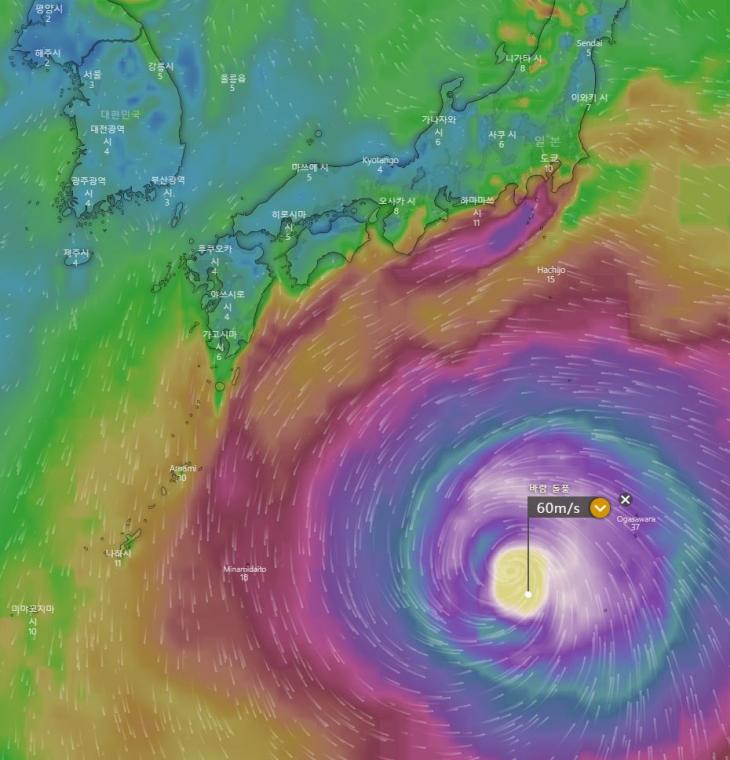 제19호 태풍 하기비스 현재 위치 / 유럽기상청의 ECMWF, 윈디닷컴