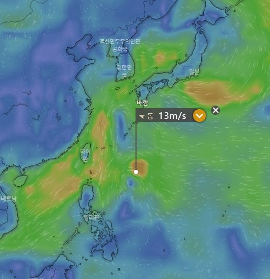 제20호 태풍 너구리 / 미국기상청의 GFS 예보시스템, 윈디닷컴