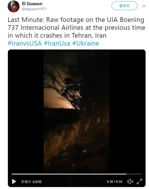 우크라이나항공 여객기가 추락하는 모습 / 연합뉴스