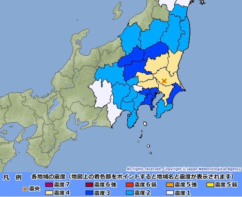 지진으로 인한 흔들림과 진앙의 위치 [일본 기상청 제공]