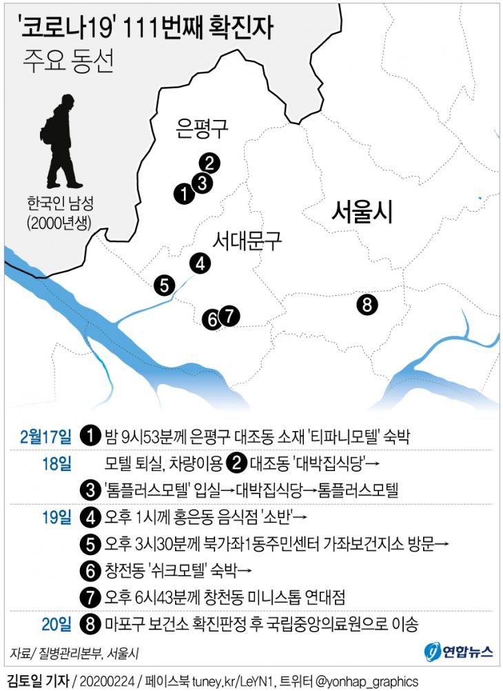 코로나19 111번 확진자 주요 동선, 연합뉴스