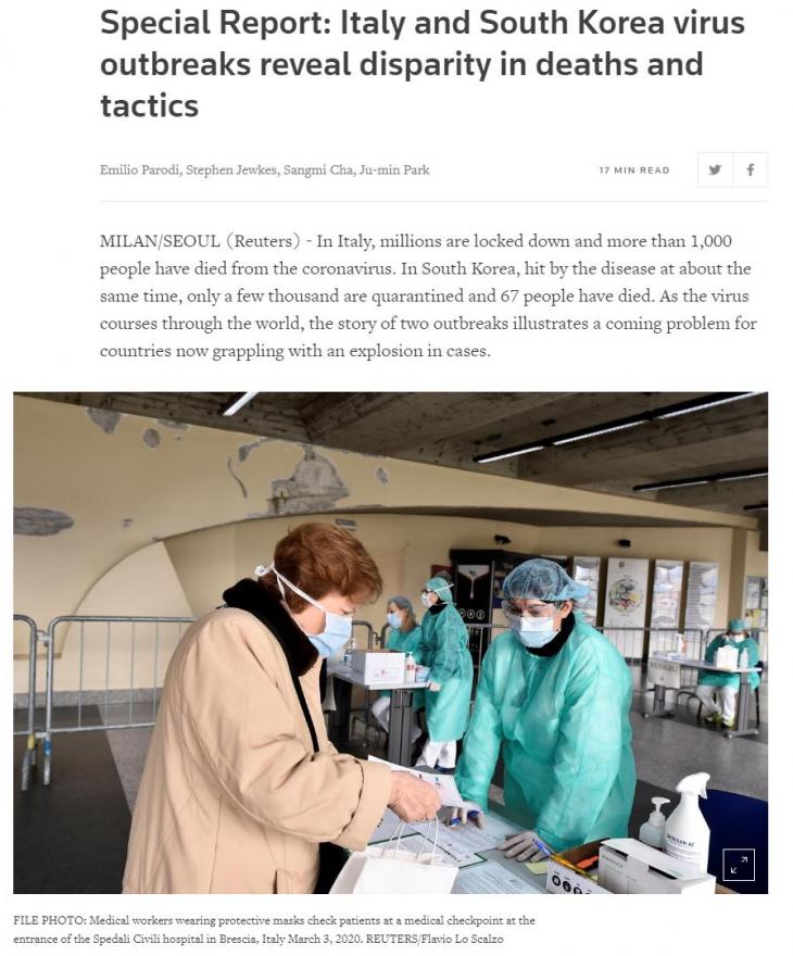 Special Report: Italy and South Korea virus outbreaks reveal disparity in deaths and tactics / 로이터