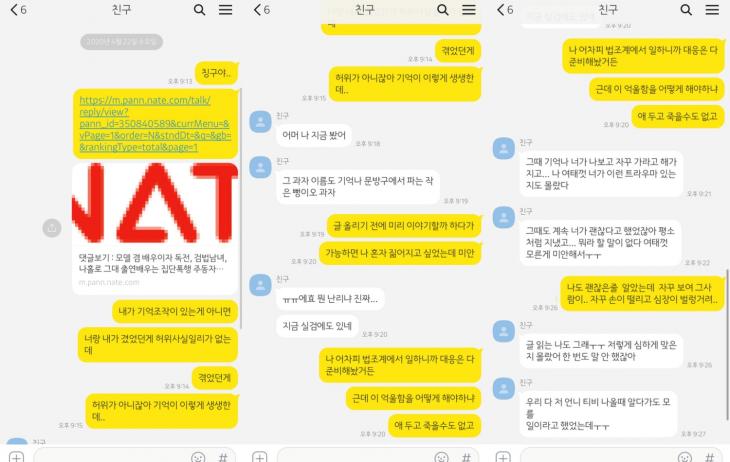 피해주장 네티즌 공개 카톡 내용 / 온라인 커뮤니티