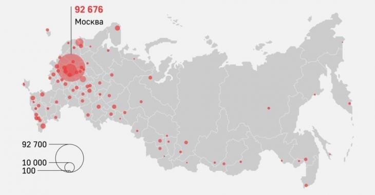 러시아의 코로나19 전국 확산 상황. 원이 클수록 확진자가 많다는 의미. [타스 자료=연합뉴스]