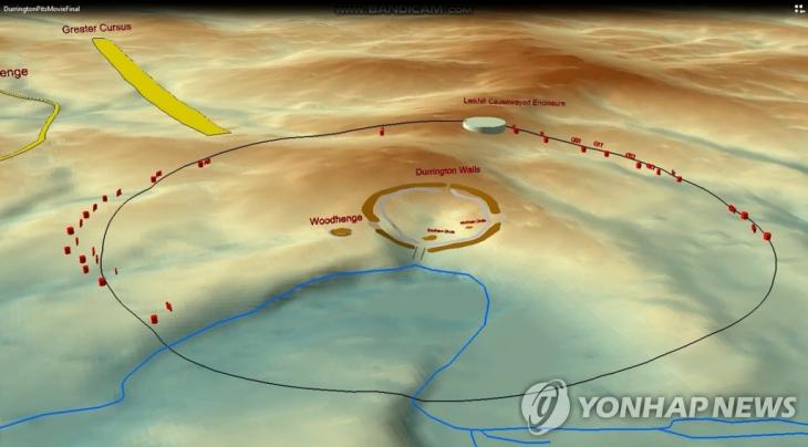 영국 스톤헨지 인근 듀링턴 월스(가운데 원)를 둘러싼 2㎞ 지름의 지하통로 구멍들을 표현한 그래픽. 영국 브래퍼드대학 제공. [로이터=연합뉴스 자료사진]