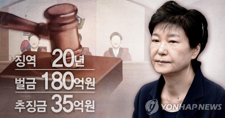 박근혜 '국정농단·특활비' 파기환송심 선고 형량 / 연합뉴스