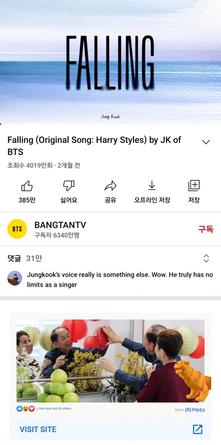 방탄소년단 공식 유튜브 채널 '방탄TV'(BANGTANTV) 정국의 'Falling' 커버