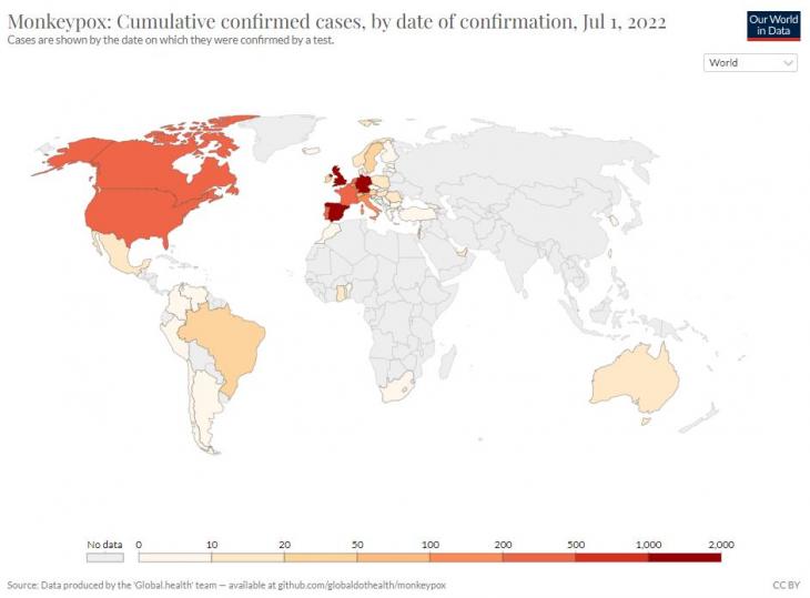 [지도] 원숭이두창바이러스 주요 발생 국가 / 아워월드인데이터