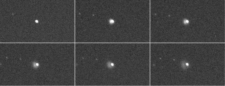 다트 탐사선 충돌 전후 촬영한 영상. 위 왼쪽에서 첫 번째 사진은 충돌 직전의 소행성 다이모르포스, 나머지 사진에서는 충돌 직후 먼지가 분출되는 모습을 볼 수 있다. 2022.9.27 [한국천문연구원 제공]
