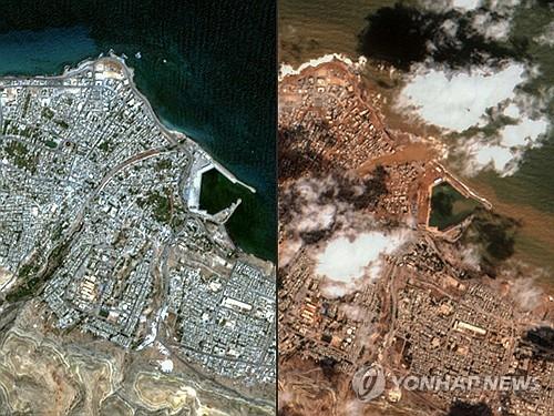 미국 상업위성업체 맥사(Maxar)가 홍수 발생 전후 촬영한 리비아 북동부 항구도시 데르나의 위성사진. 지난 7일(현지시간·왼쪽)과 12일(오른쪽)의 모습이 확연한 대비를 이룬다. [AFP 제공]