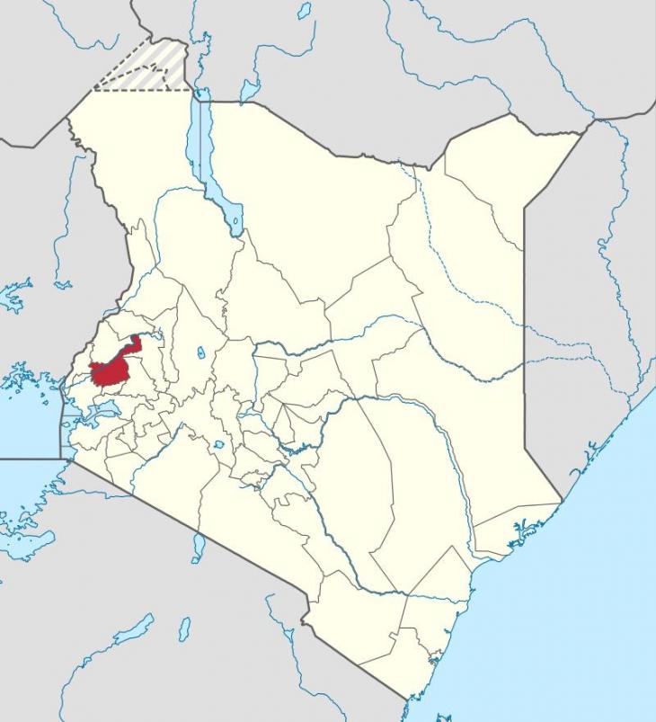 케냐 서부 지방 도시 카카메가(붉은색)가 표시된 지도[구글 이미지 캡처]
