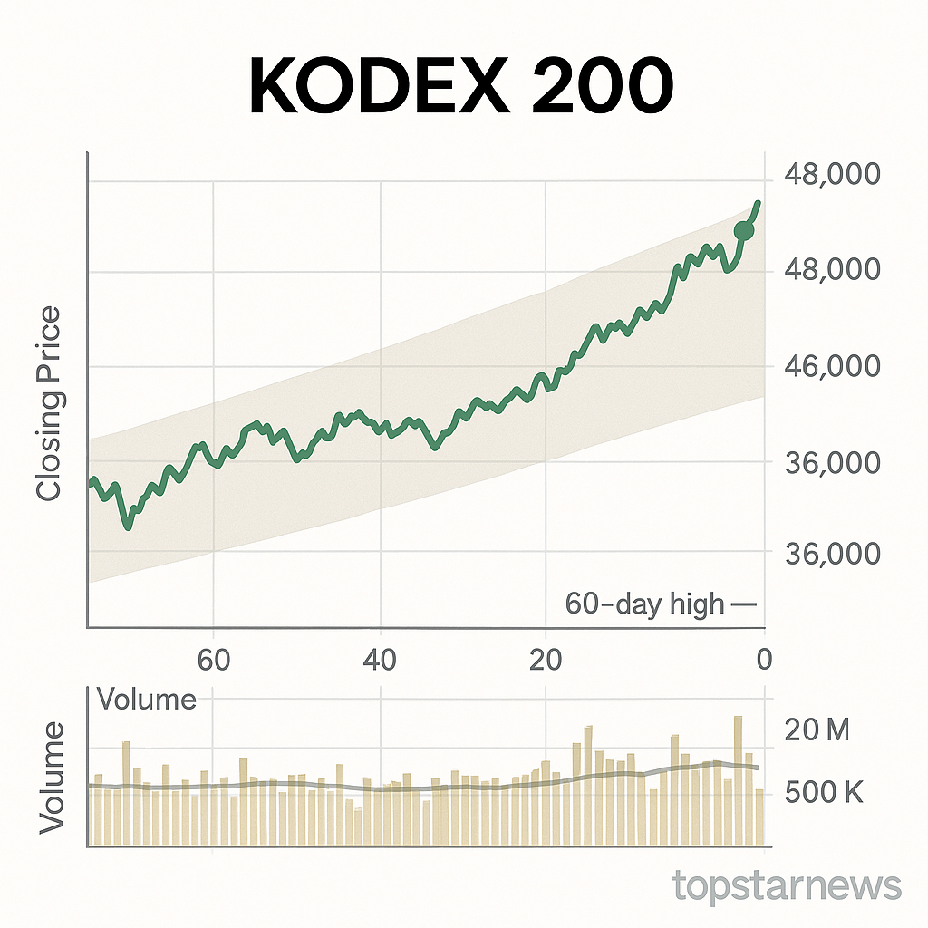코덱스(KODEX) 200 0.4% 상승, 48,075원 장중…거래량 20일 평균의 절반 수준 - 김시현 기자 - 톱스타뉴스 -  경제/시세
