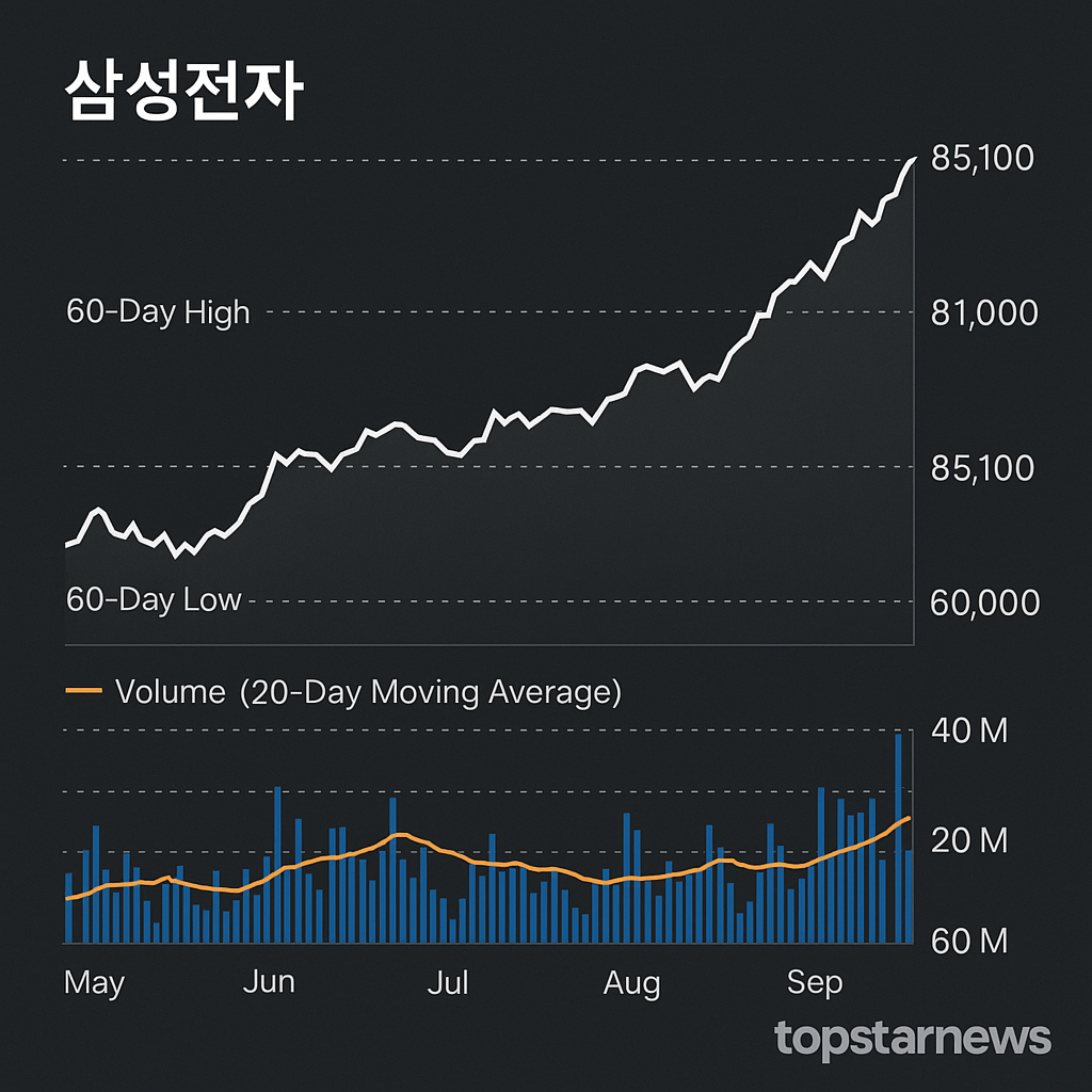 삼성전자 0.47% 상승, 85,100원 장중 거래…외인·기관 매수세 혼조 - 김윤교 기자 - 톱스타뉴스 - 경제/시세