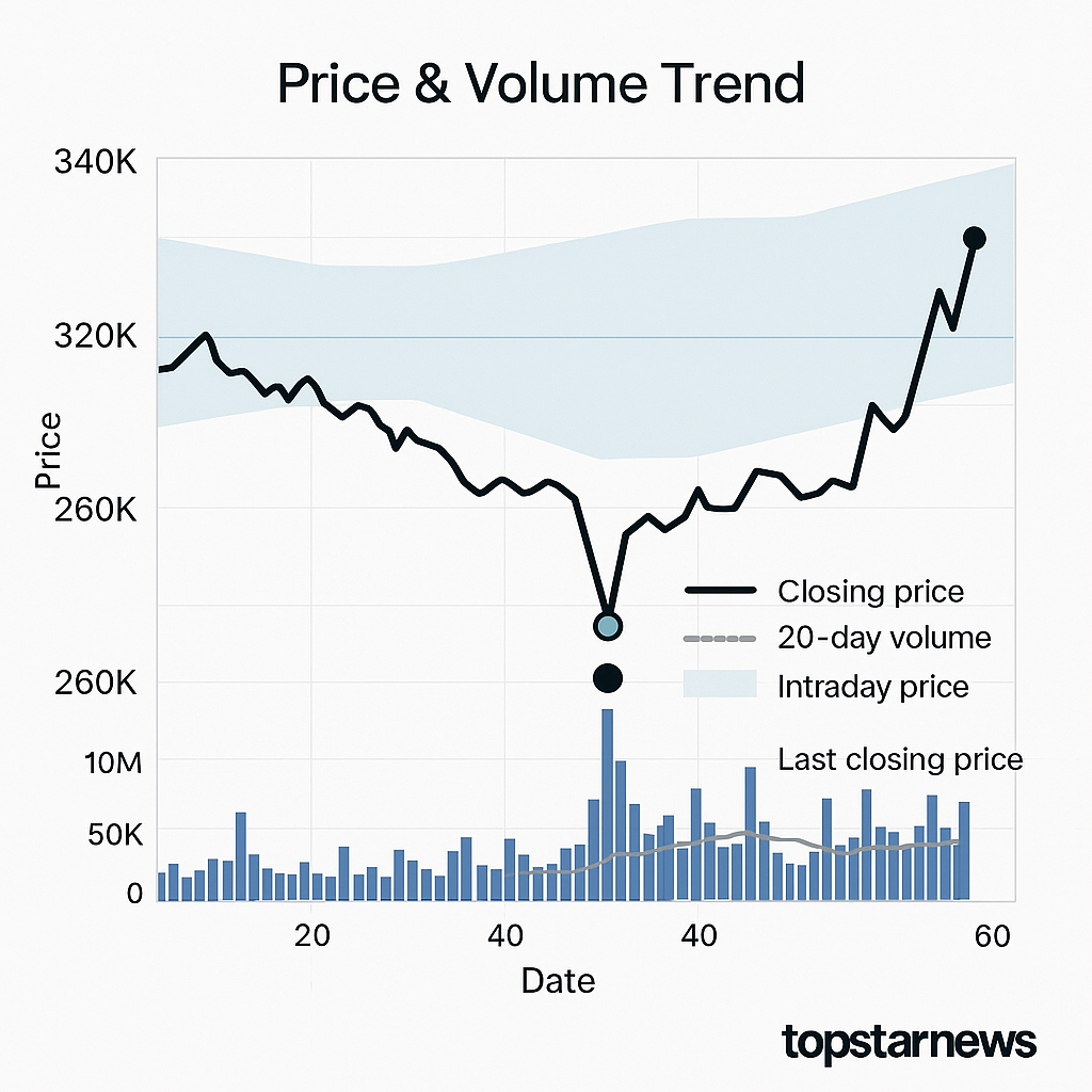 레인보우로보틱스 11.75% 상승, 328,000원 장중 거래 활발 - 김윤교 기자 - 톱스타뉴스 - 경제/시세
