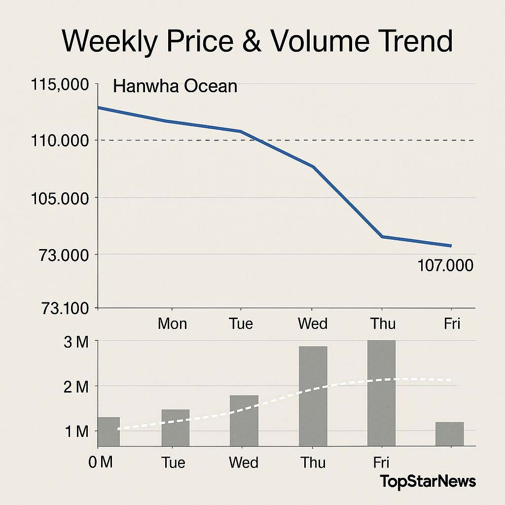 한화오션 -2.37%↓, 107,000원…외국인·기관 매도세와 조선 발주 부진 부담 - 김윤교 기자 - 톱스타뉴스 - 경제/시세