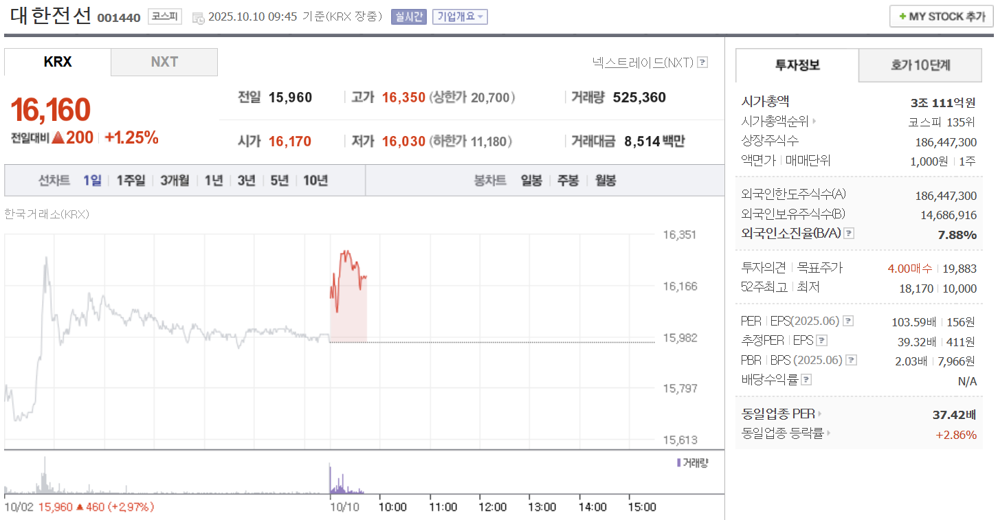 대한전선 주가 10월 10일 16,160원…오전 장중 1.25% 상승 흐름 - 김지연 기자 - 톱스타뉴스 - 산업/핫토픽