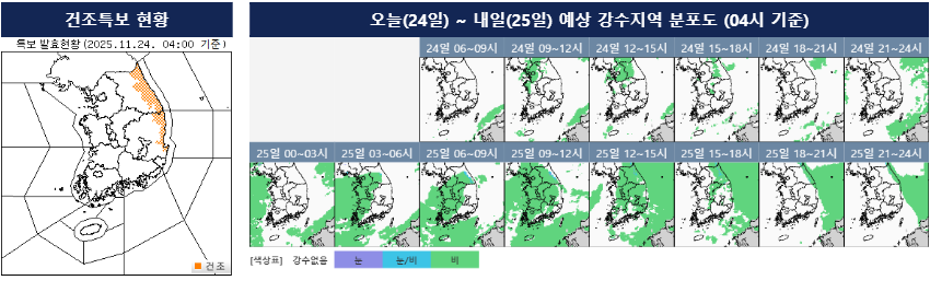 [오늘의 날씨] 낮 최고 20도까지 올라 포근…중부 1mm~5mm 비, 강원·경북 동해안 매우 건조 / 기상청