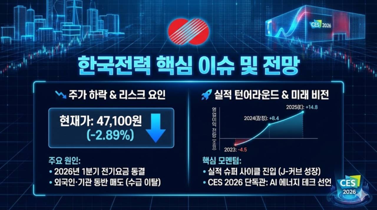 CES 2026 승부수 한국전력, 2%대 약세… 요금 동결·수급 이탈 부담 - 김시현 기자 - 톱스타뉴스 - 경제/증시/시세