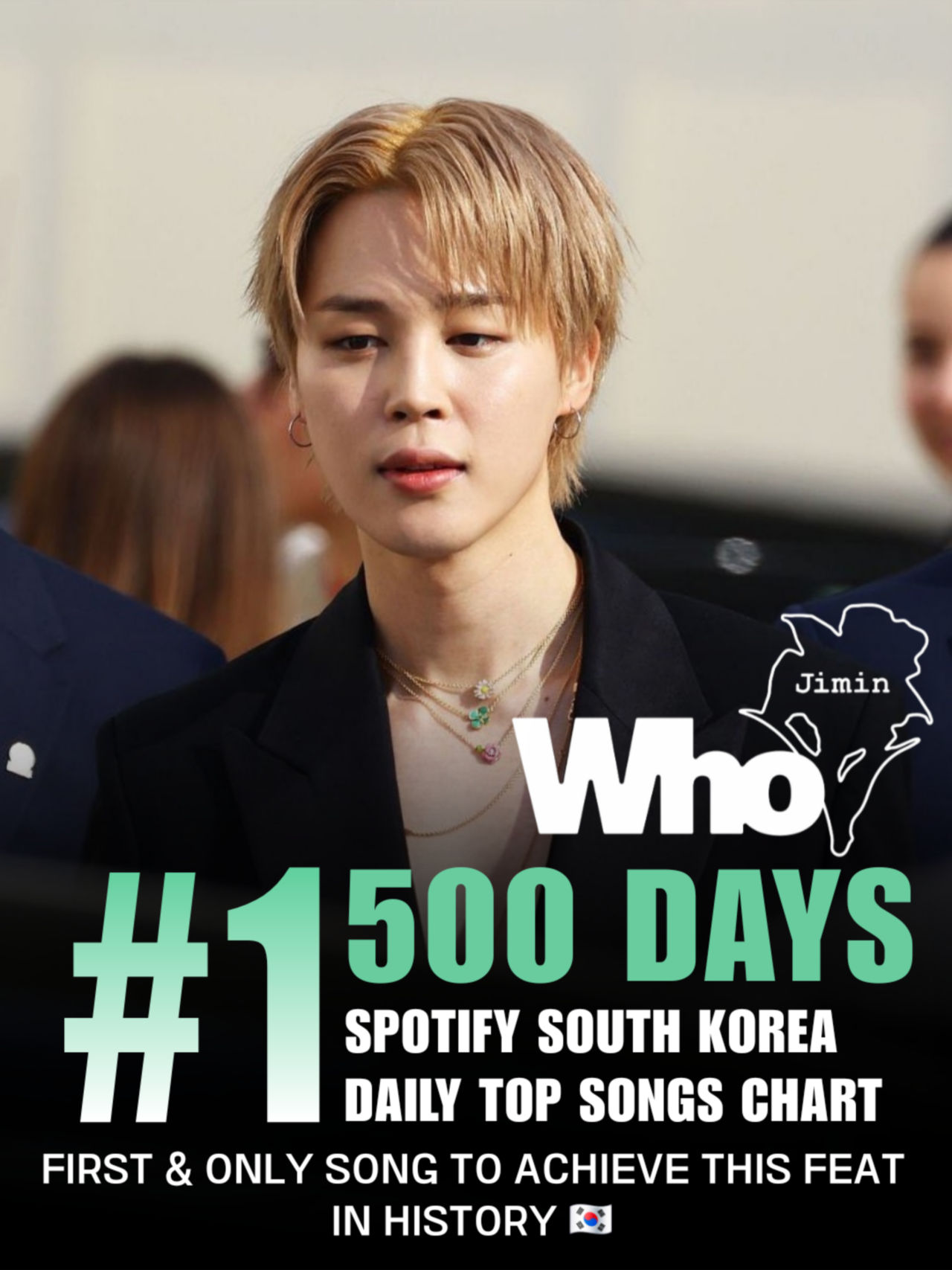 방탄소년단 지민 솔로곡 ‘Who’의 스포티파이 한국 데일리 차트 500일 연속 1위 기록 이미지. (사진=팬클럽 제공)