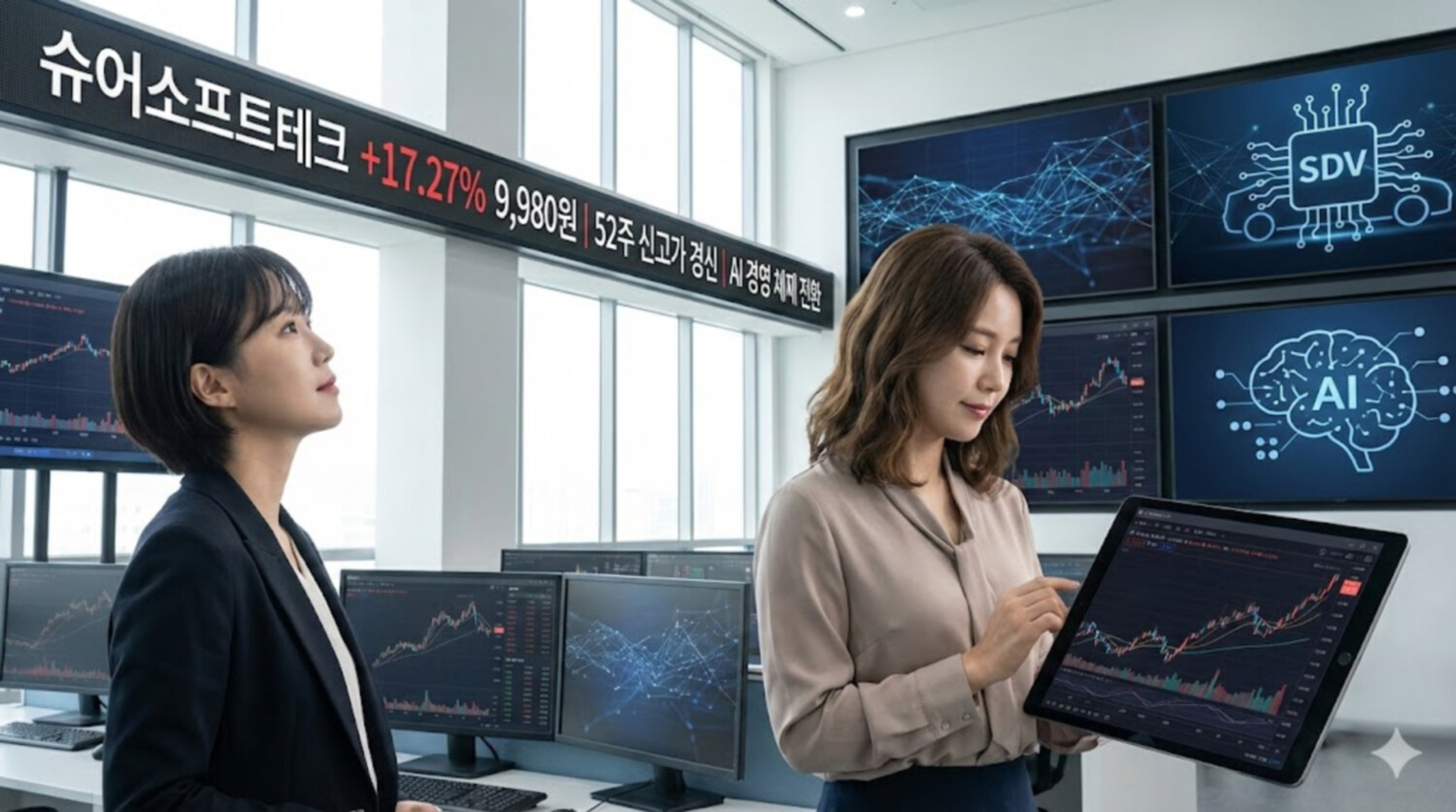 슈어소프트테크, AI 경영 체제 전환에 17%대 급등... 52주 신고가 경신 - 뉴스 썸네일 이미지