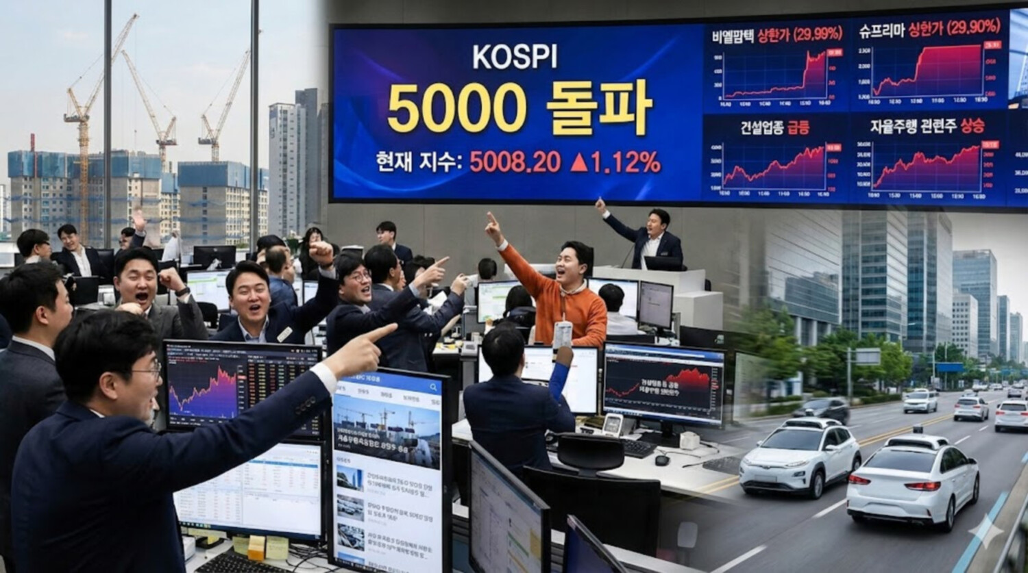 비엘팜텍·슈프리마 상한가 속 코스피 5000선 돌파...건설·자율주행주 ... - 뉴스 썸네일 이미지