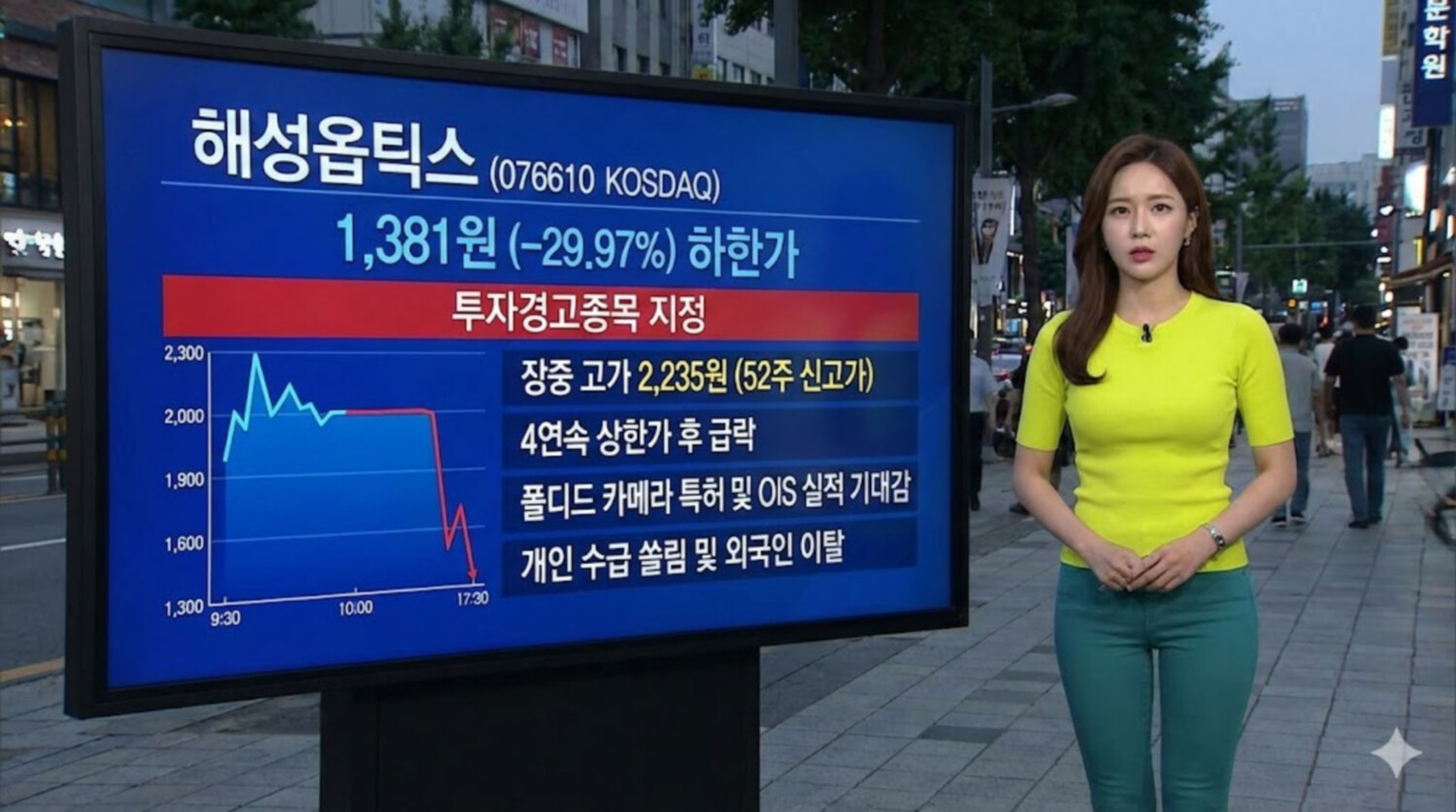 해성옵틱스, 투자경고 지정에 29.97% 하한가 급락... 52주 신고가 후 매물... - 뉴스 썸네일 이미지