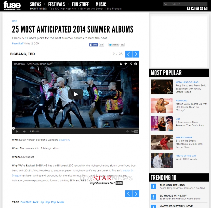 빅뱅, 미국 FUSE TV ‘가장 기대되는 2014 여름 앨범 25’ 선정 김명수 기자 톱스타뉴스
