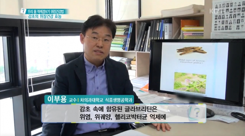 감초 효능 설명 장면 차의과대학 이부용 교수 (출처=KBS1 ‘무엇이든 물어보세요’ 방송)