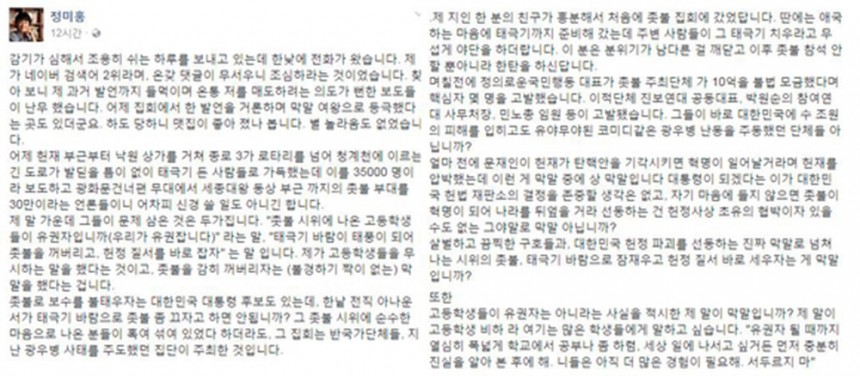 정미홍 SNS 게시글 / 정미홍 페이스북 캡처