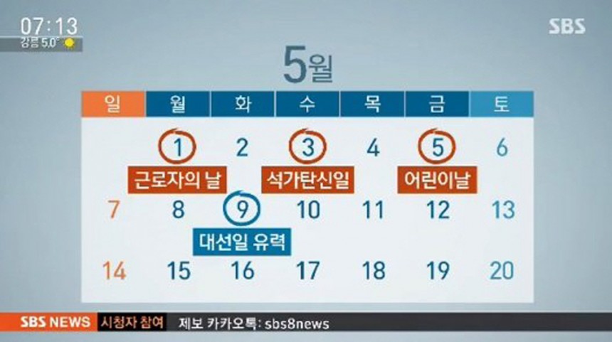 5월 황금연휴 임시공휴일 / SBS 방송캡쳐