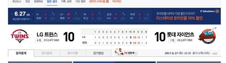 LG 트윈스-롯데 자이언츠 스코어 / 네이버 스포츠 캡쳐